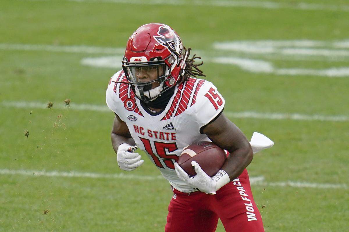 North Carolina State’s Keyon Lesane (15) plays against Pittsburgh during an NCAA college football game, Saturday, Oct. 3, 2020, in Pittsburgh.