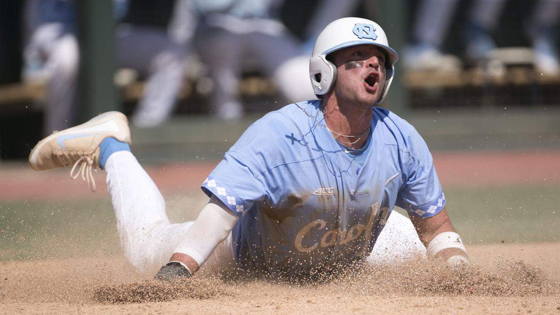 North Carolina’s Zack Gahagan (10) reacts after scoring on a sacrifice fly by teammate Ike Freeman in the sixth inning during the NCAA Regional on Friday, June 1, 2018 at Boshamer Stadium in Chapel Hill, N.C.