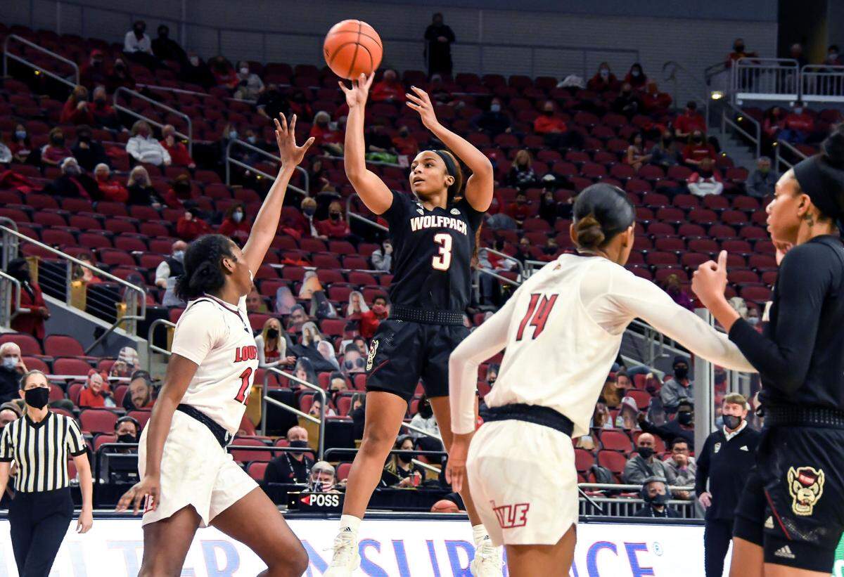 N.C. State’s Kai Crutchfield (3) shoots during the Wolfpack’s game against Louisville at KFC Yum! Center in Louisville, Ky. Monday, February 1, 2021.