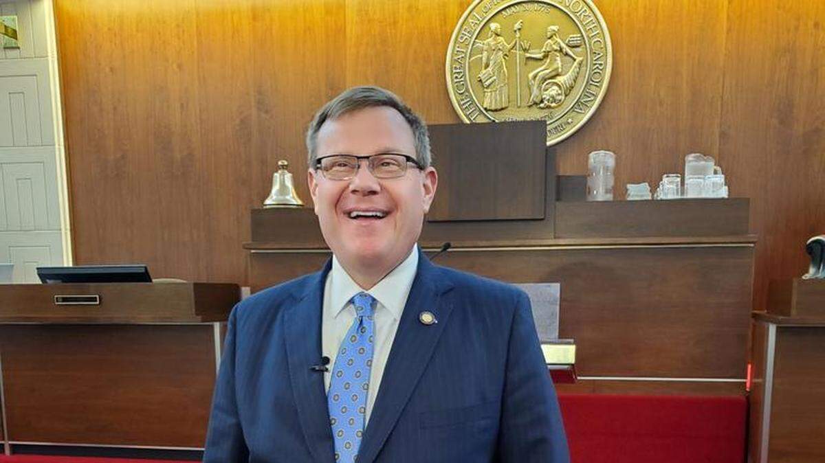 North Carolina House Speaker Time Moore talks to reporters on the first day of the General Assembly’s short session, May 18, 2022.