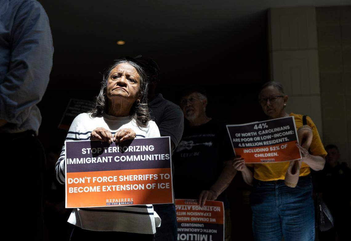 Demonstrators gather at the Legislative Building on Wednesday, May 24, 2023, in Raleigh, N.C.