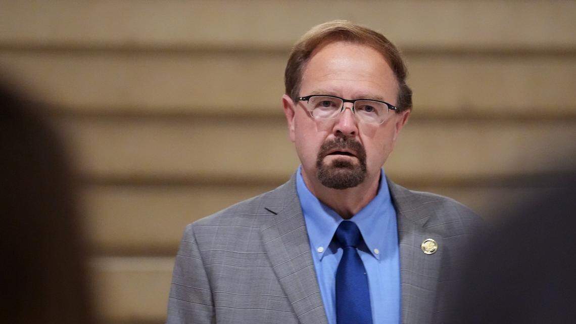 U.S. Rep. Chuck Edwards (R-NC) arrives for a House Republican caucus meeting at the U.S. Capitol on May 15, 2025 in Washington.
