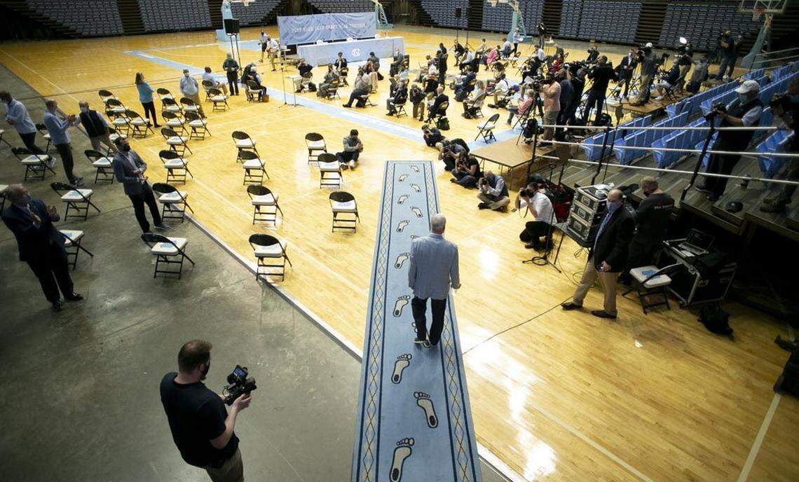 North Carolina coach Roy Williams arrives for his retirement announcement on Thursday, April 1, 2021 at the Smith Center in Chapel Hill, N.C. Williams has coached for 33 seasons, the last 18 at North Carolina, winning the National Championship in 2005, 2009, and 2017.