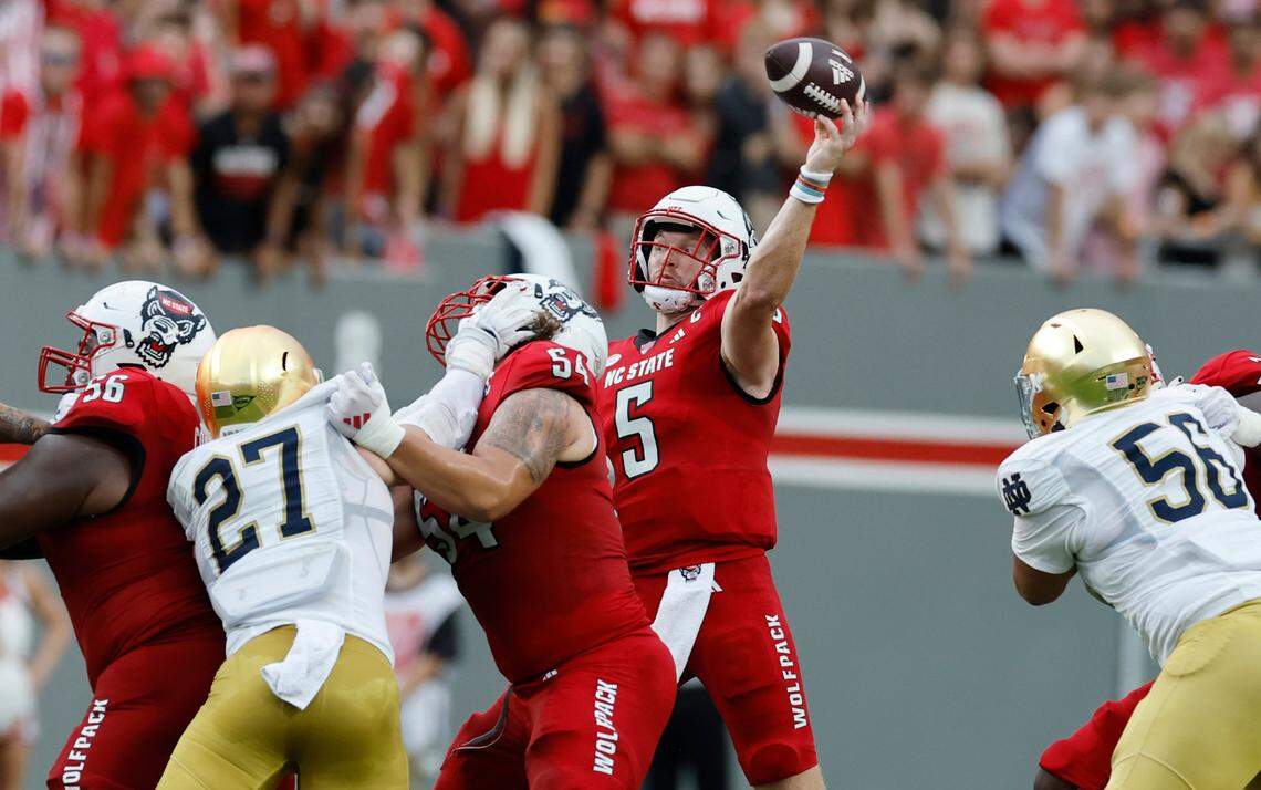 N.C. State quarterback Brennan Armstrong (5) passes during the first half of N.C. State’s game against Notre Dame at Carter-Finley Stadium in Raleigh, N.C., Saturday, Sept. 9, 2023.