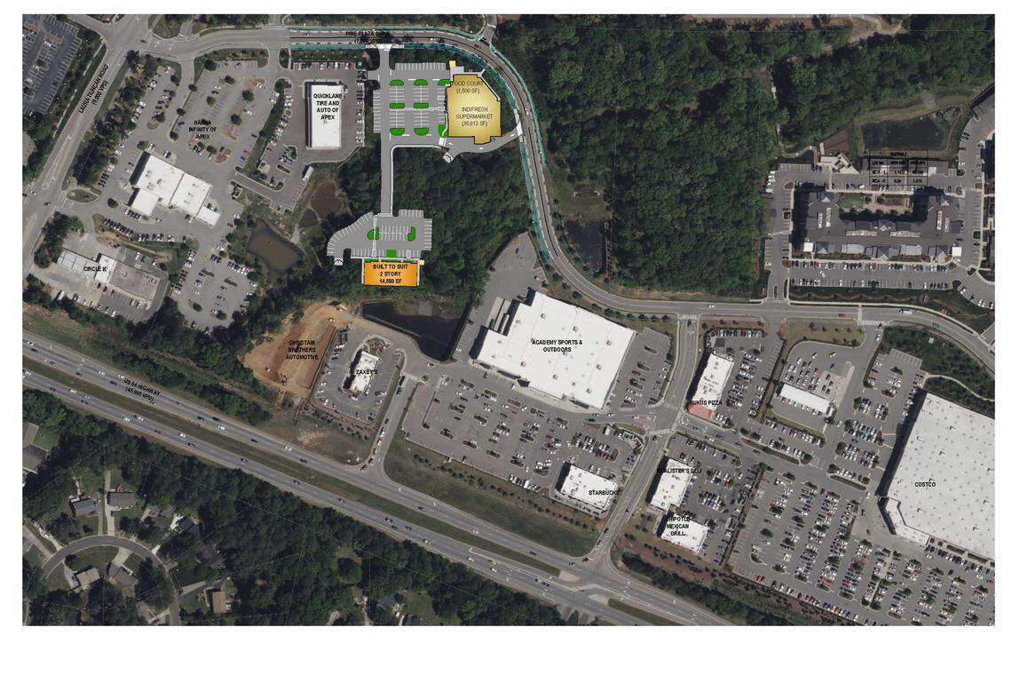 An aerial rendering of a planned 18,000-square-foot IndiFresh Supermarket at 1215 Pine Plaza in Apex.