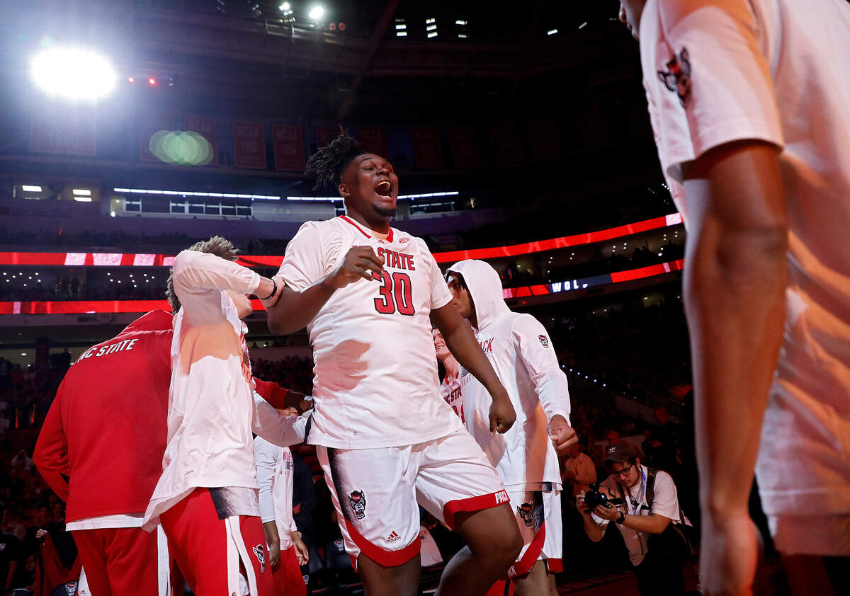 N.C. State’s DJ Burns Jr. is introduced prior to the Wolfpack’s game against Virginia Tech on Saturday, Jan. 20, 2024, at PNC Arena in Raleigh, N.C.