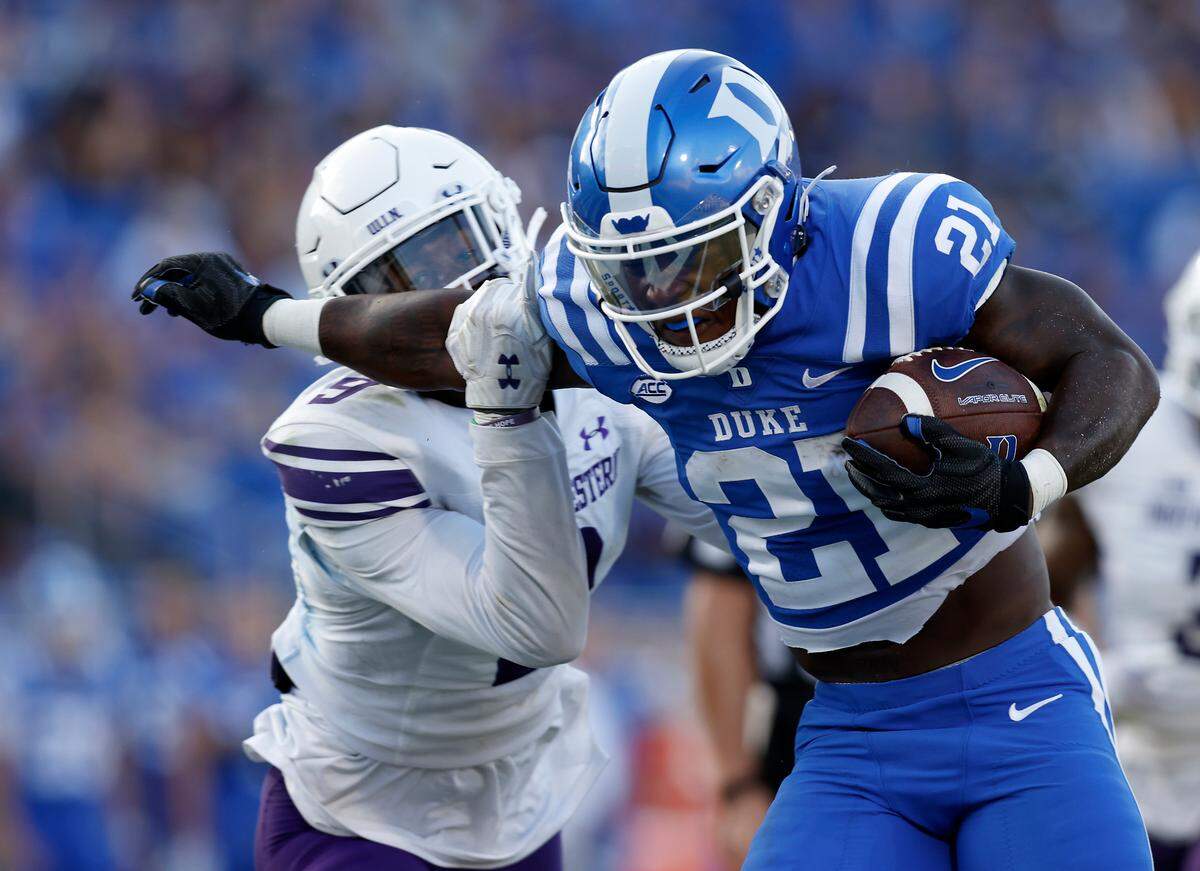 Duke’s Peyton Jones runs the ball during the second half of the Blue Devils’ 38-14 win over Northwestern on Saturday, Sept. 16, 2023, at Wallace Wade Stadium in Durham, N.C.