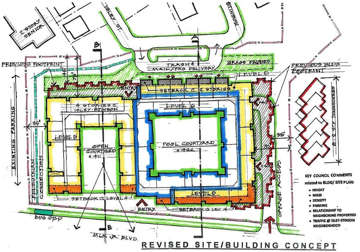 A revised concept plan for The Flats includes 200 student apartments offering 500 to 570 bedrooms in a four- to six-story building. The apartments are shown wrapping around a pool and around a public courtyard off Martin Luther King Jr. Boulevard in Chapel Hill.
