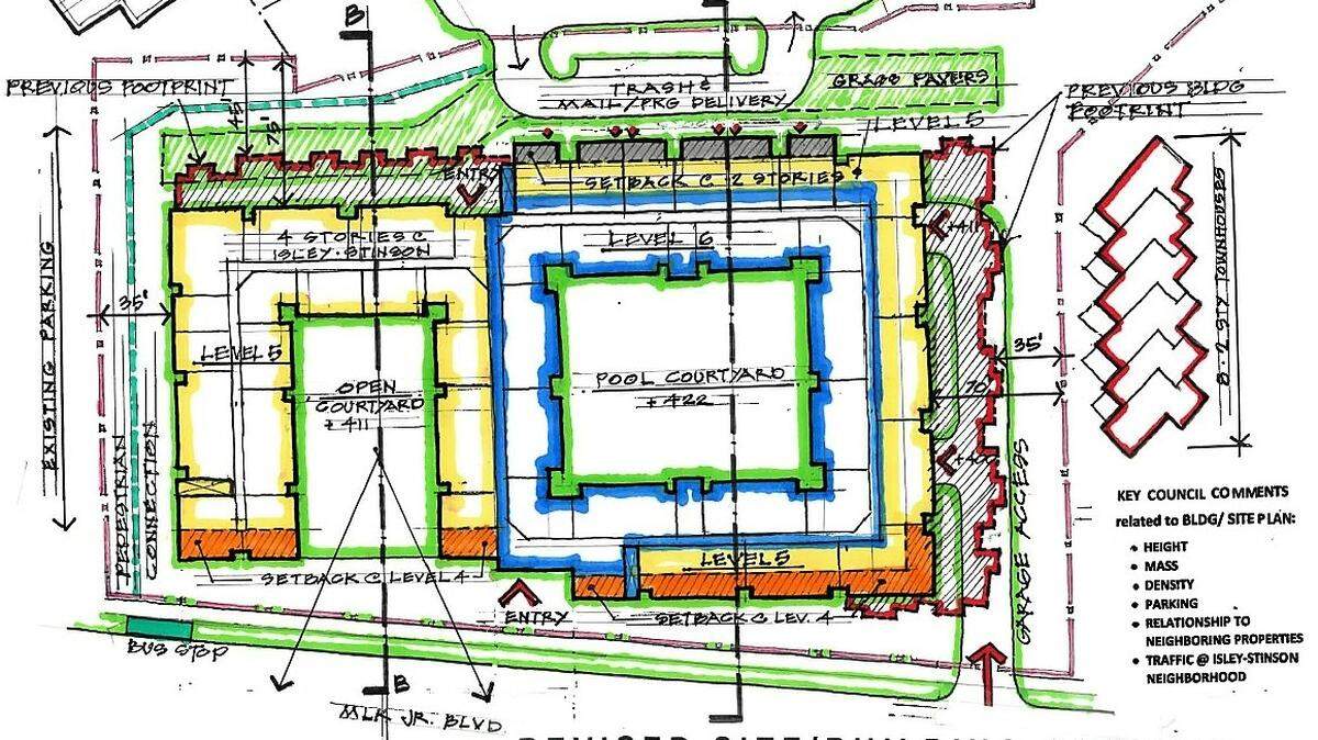 A revised concept plan for The Flats includes 200 student apartments offering 500 to 570 bedrooms in a four- to six-story building. The apartments are shown wrapping around a pool and around a public courtyard off Martin Luther King Jr. Boulevard in Chapel Hill.