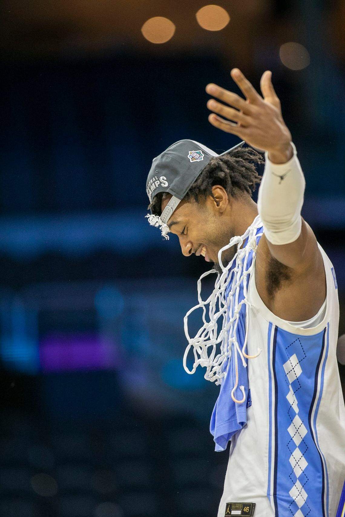 North Carolinas Leaky Black (1) relishes in the moment after cutting down the second net and dropping it around his neck, following the Tar Heels 69-49 victory over Saint Peters in the NCAA East Regional Championship game on Sunday, March 27, 2022 at Wells Fargo Center in Philadelphia, Pa.