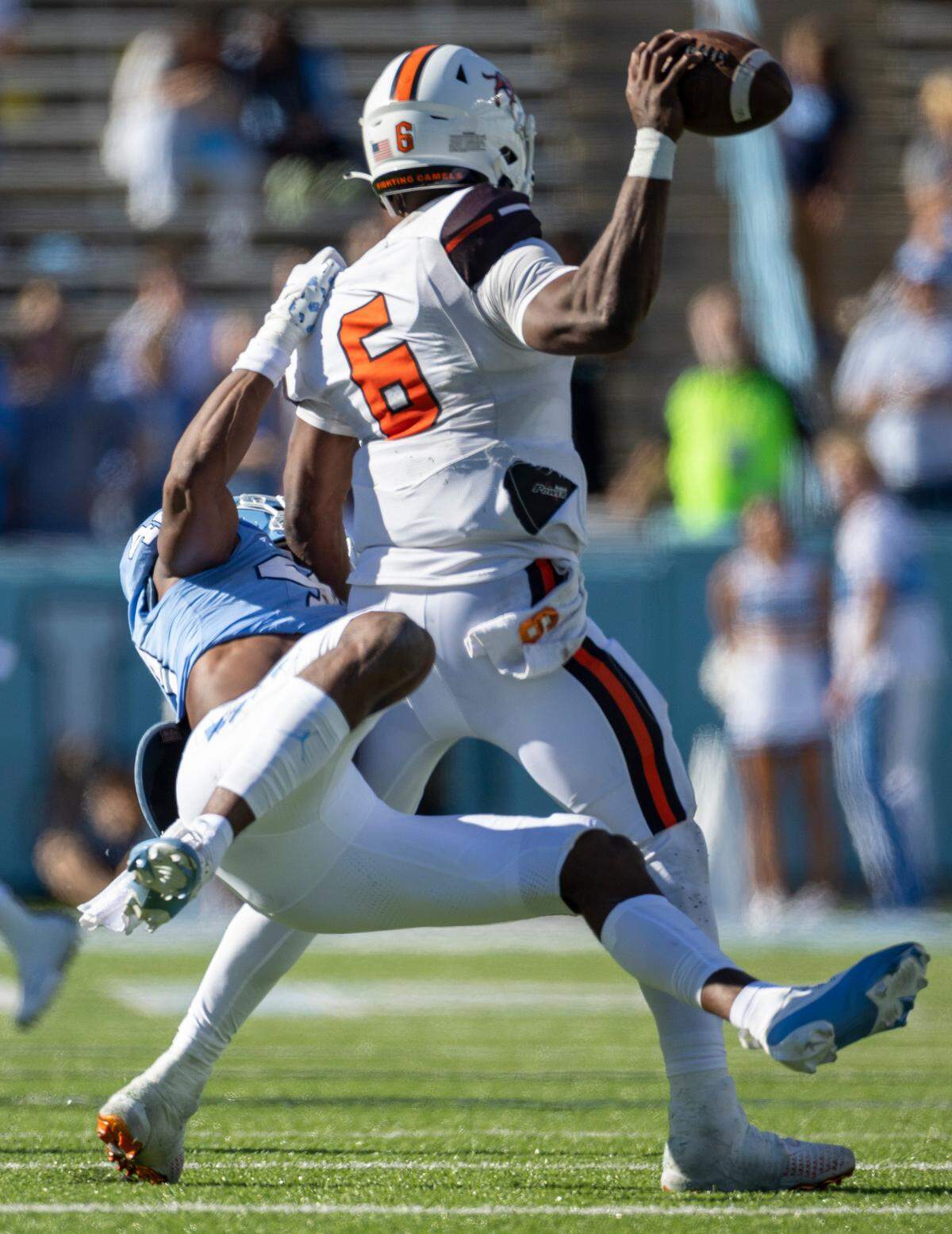 North Carolina’s Tyler Thompson (40) sacks Campbell quarterback Hajj-Malik Williams (6) in the third quarter on Saturday, November 4. 2023 at Kenan Stadium in Chapel Hill, N.C.