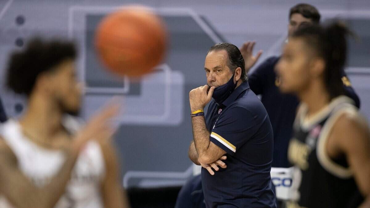 Notre Dame head coach Mike Brey reacts as Wake Forest opens a double digit lead during the second half on Tuesday, March 9, 2021 during the ACC Tournament at the Greensboro Coliseum in Greensboro, N.C.