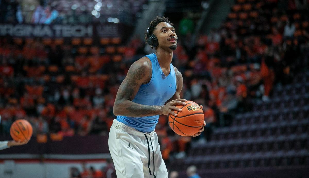North Carolina’s Leaky Black (1) works on his shooting form prior to the Tar Heels’ game against Virginia Tech on Sunday, December 4, 2022 at Cassell Coliseum in Blacksburg, Va.
