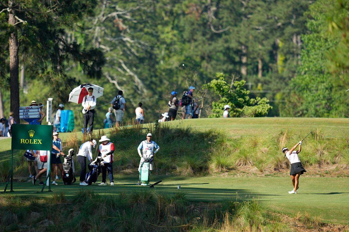 Minsol Kim, of South Korea, hits to the third green during the first round of the U.S. Women’s Open golf tournament at the Pine Needles Lodge & Golf Club in Southern Pines, N.C. on Thursday, June 2, 2022. (AP Photo/Steve Helber)