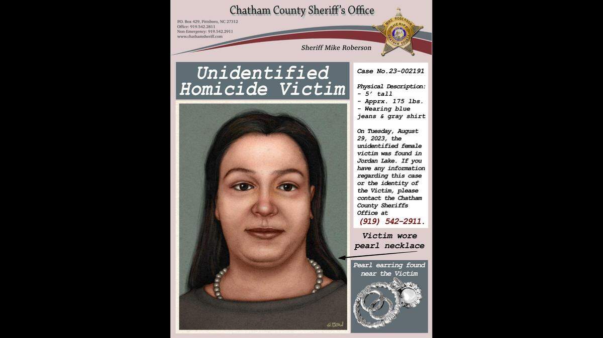 The Chatham County Sheriff’s Office released this flyer with information about a homicide victim whose body was found in Jordan Lake.
