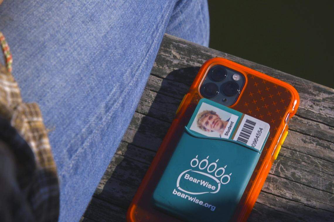 Lauren Westmoreland, Riley Howell’s longtime girlfriend, keeps Riley’s student ID in a credit card holder on the back of her phone, Sunday October 20, 2019.