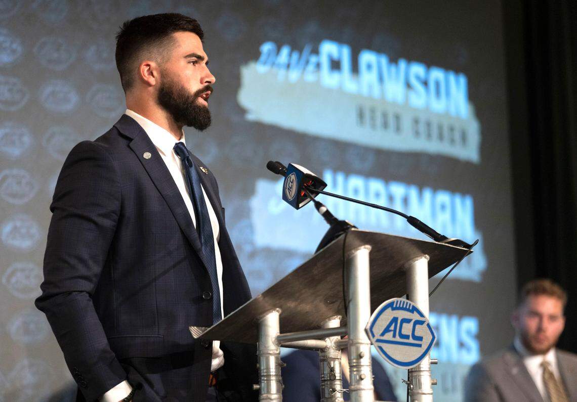 Wake Forest quarterback Sam Hartman addresses the media during the 2022 ACC Football Kickoff on Wednesday, July 20, 2022 in Charlotte, N.C.