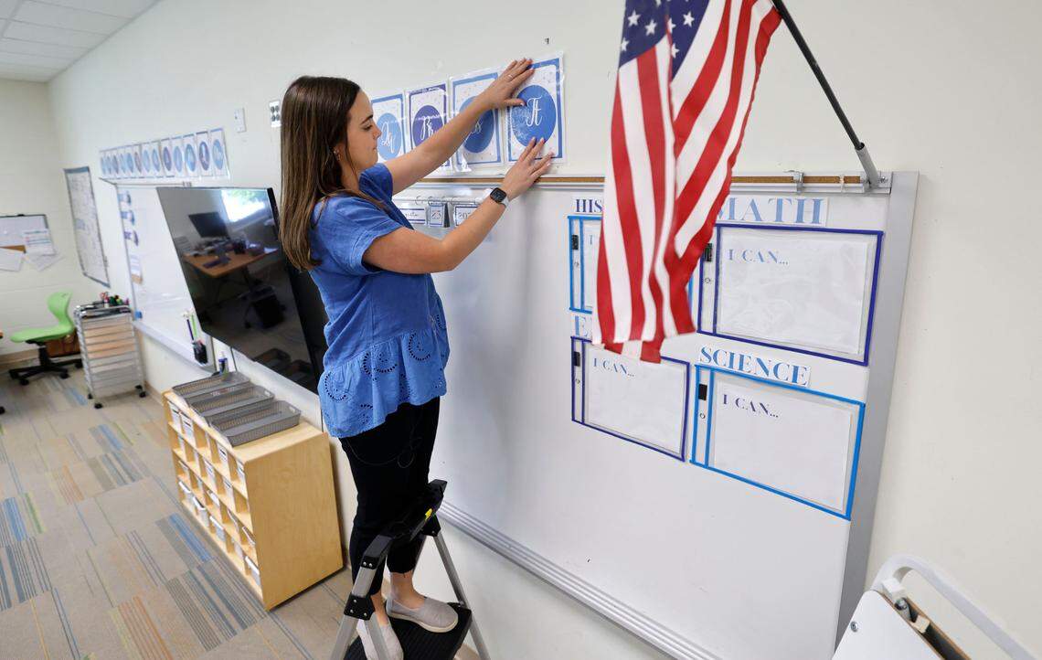 Newly hired fourth-grade teacher Haley Magee works on setting up her classroom at Beaverdam Elementary School in Raleigh, N.C., Wednesday, August 23, 2023.