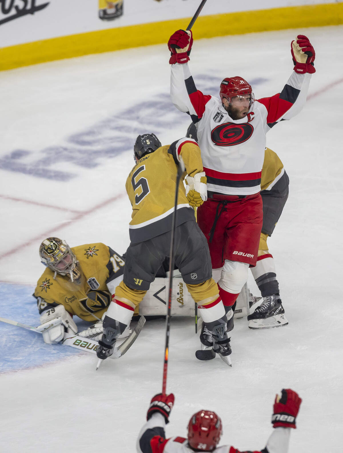 Carolina Hurricanes center Jordan Staal (11) reacts after scoring on Vegas goalie Carter Hart (79) to take a 3-0 lead in the first period in Game 4 of the Stanley Cup Final against Vegas, on Tuesday, June 9, 2026 in Las Vegas, NV.