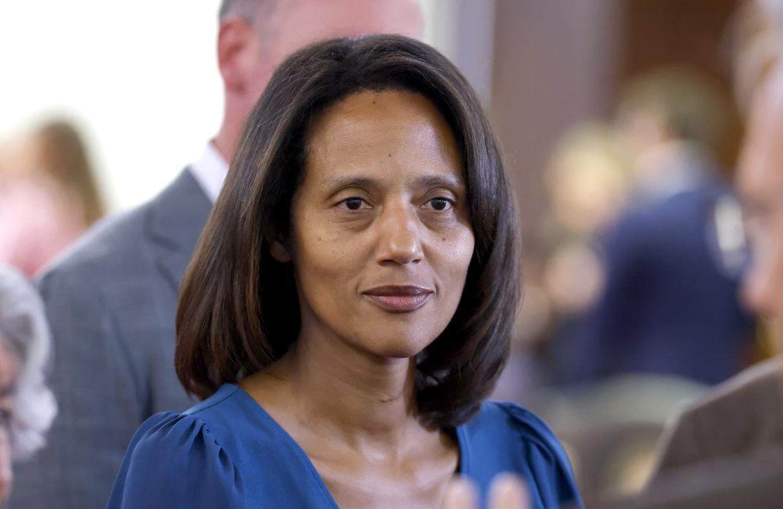 Sen. Sydney Batch listens to a question during a press gaggle on the first day of the General Assembly’s short session in Raleigh, Tuesday, April 21, 2026.