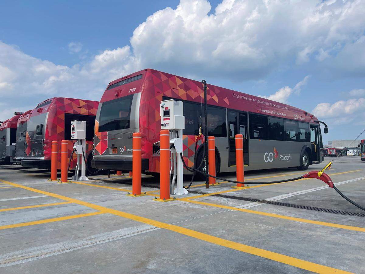 Four of GoRaleigh’s five Proterra electric buses, seen here in 2021, are out of service. 