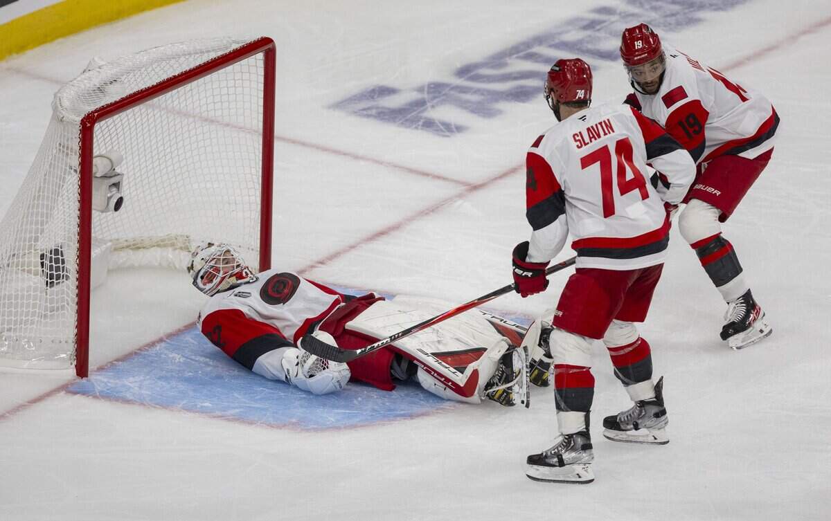 Carolina Hurricanes goalie Brandon Bussi (32), in for starter Frederik Andersen, reclines after making a save in the first overtime period against Vegas in Game 3 of the Stanley Cup Final, on Saturday, June 6, 2026 at T-Mobile Arena in Las Vegas, NV.