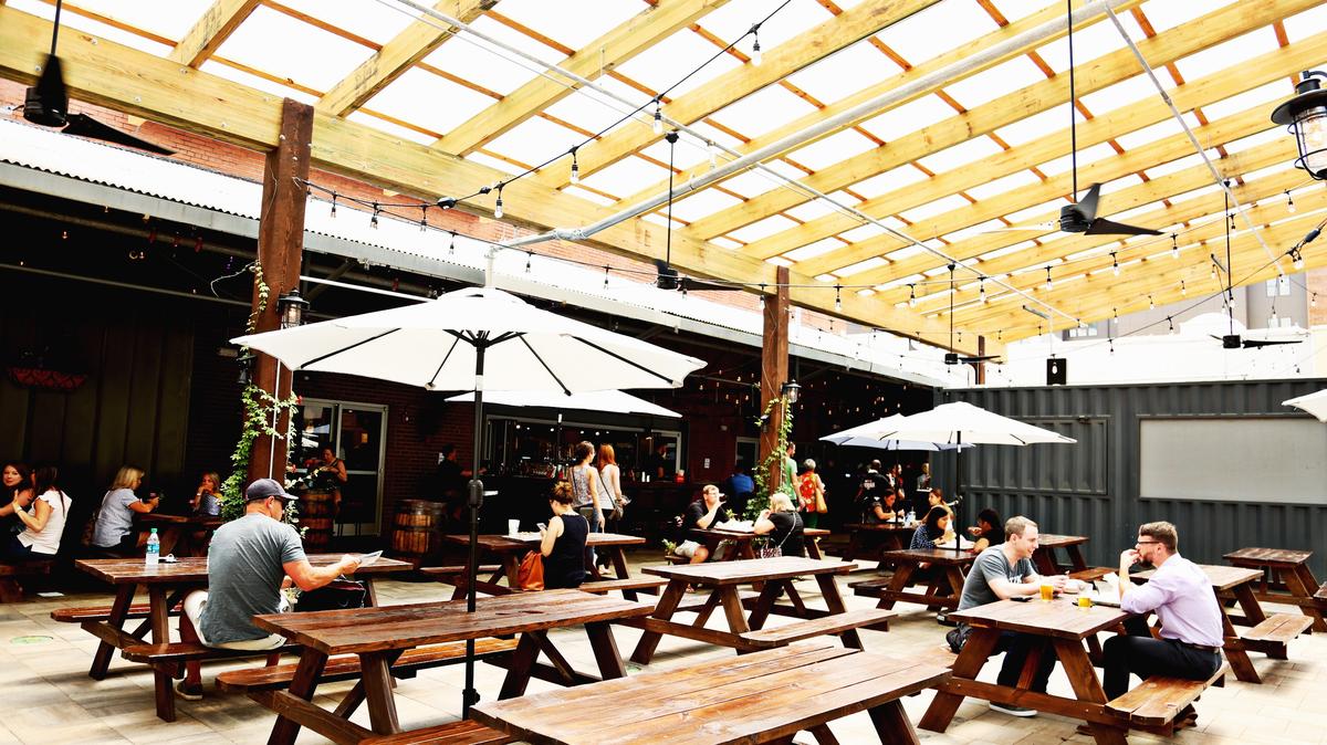 
There are multiple seating areas throughout Morgan Street Food Hall in downtown Raleigh, including patio seating.
