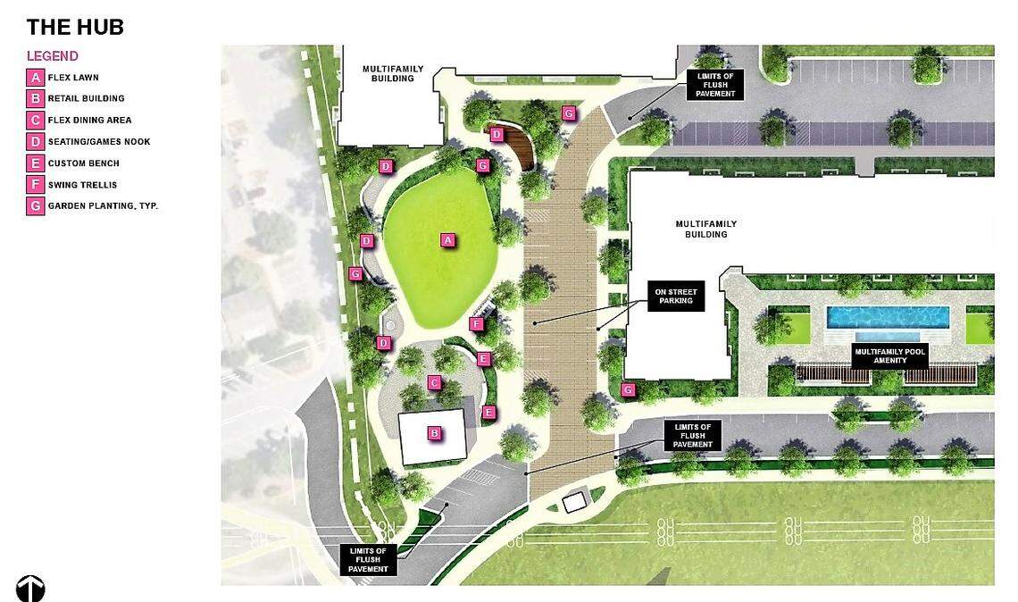 “The Hub” would be located at the western end of Lullwater Park, behind the Chapel Hill North shopping center. It could have a small retail space for a coffee shop, plus a public courtyard and lawn. A dog park is shown just to the south, and the buildings could be up to four stories tall with a pool.
