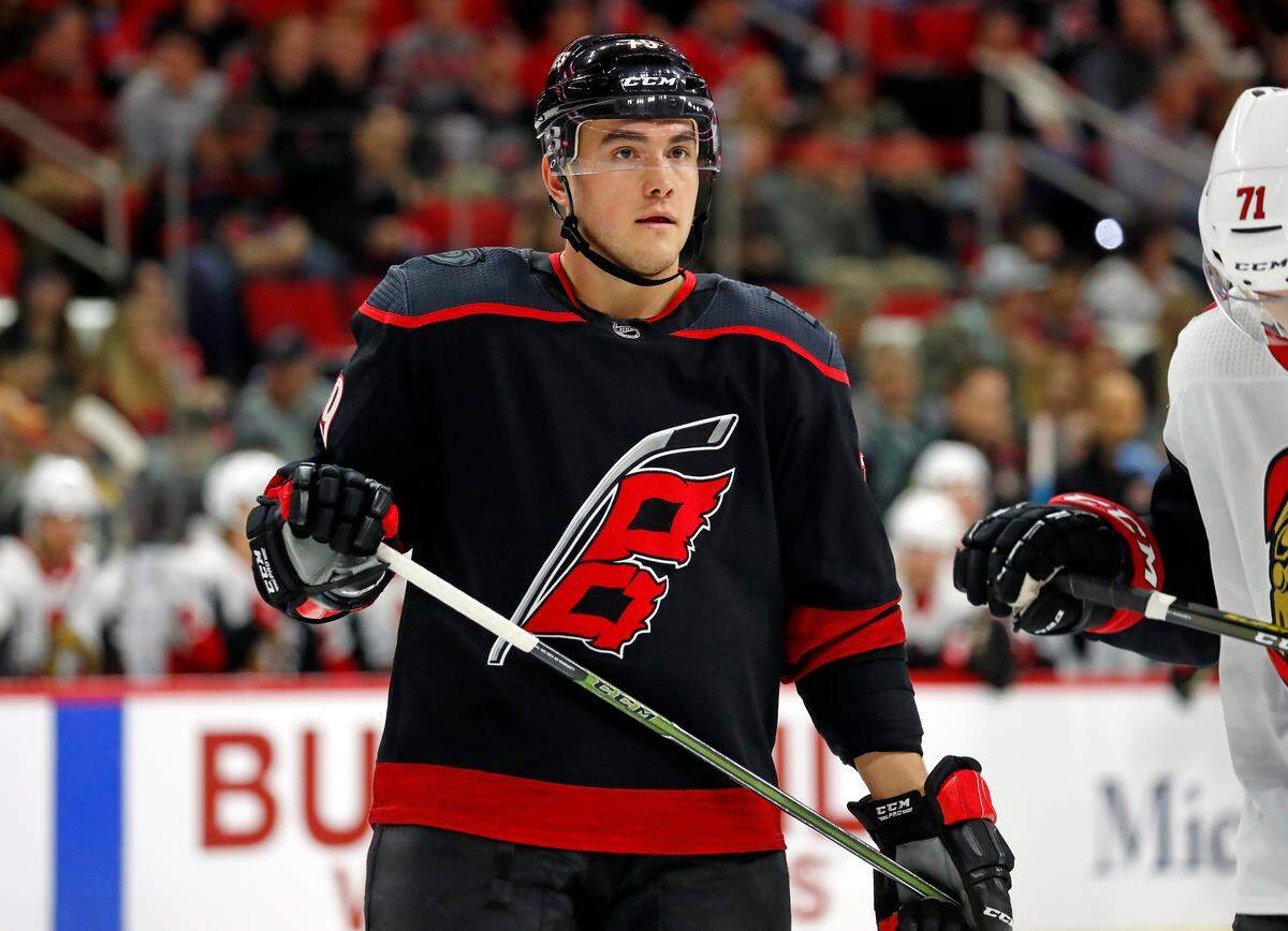 Carolina Hurricanes’ Micheal Ferland (79) waits for a face-off against the Ottawa Senators during the first period of an NHL hockey game, Friday, Jan. 18, 2019, in Raleigh, N.C. (AP Photo/Karl B DeBlaker)