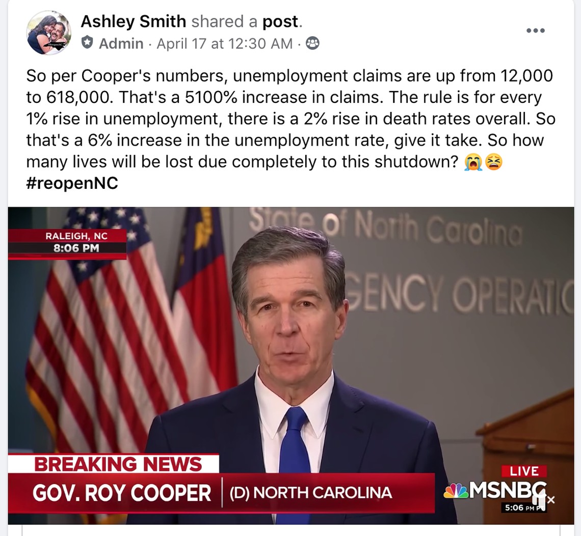 Screen grab from a post in the ReopenNC Facebook group.