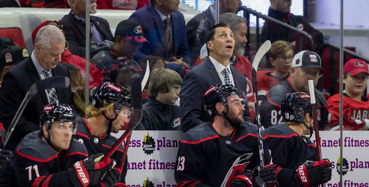 Carolina Hurricanes’ coach Rod Brind’Amour checks the replay after a goal by Ottawa’s Mathieu Joseph in the first period on Wednesday, October 11, 2023 at PNC Arena, in Raleigh N.C.