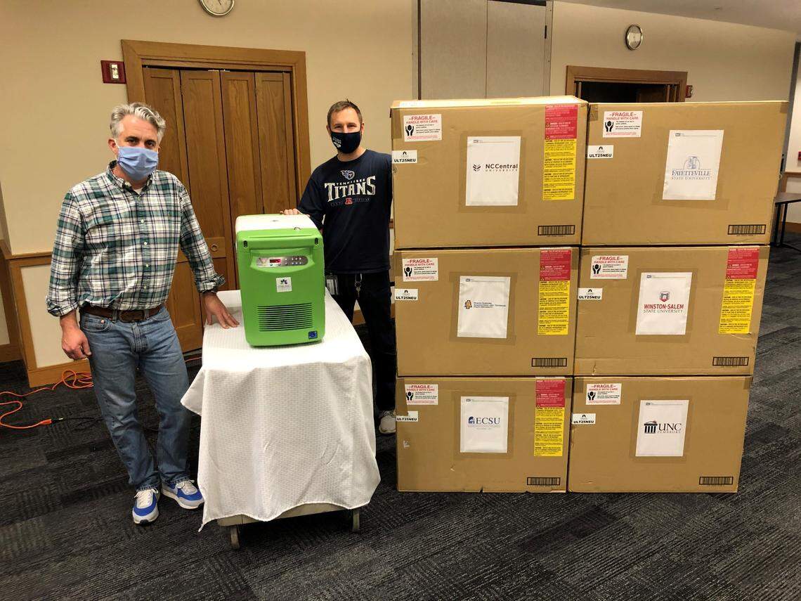 Dr. Jeffrey Warren, executive director of the NC Policy Collaboratory, helped deliver new mobile freezers that can safely store COVID-19 vaccine vials to UNC System institutions.