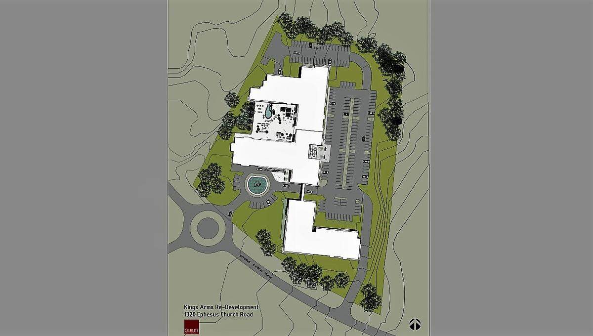 A proposed site plan shows the Reserve at Chapel Hill with an existing entrance off Ephesus Church Road. The entrance would lead to parking behind the building, which could be up to five stories and include 212 apartments.