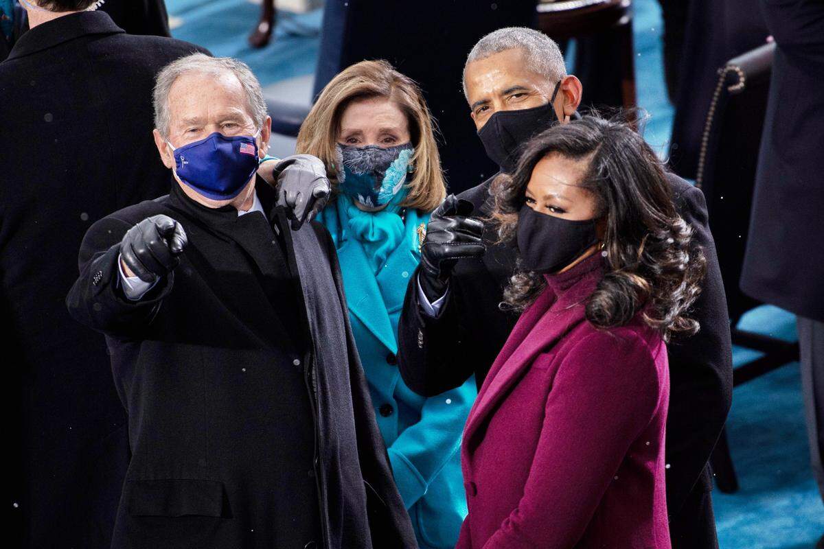 Former President George W. Bush, from left, Speaker of the House Nancy Pelosi, D-Calif., former President Barack Obama and Michelle Obama arrive to the West Front of the U.S. Capitol for the Inauguration of Joe Biden in Washington on Wednesday, Jan. 20, 2021.