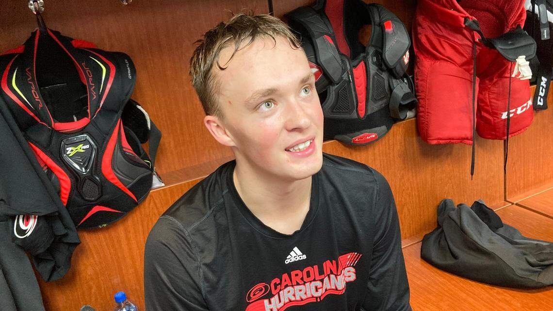 Swedish forward Noel Gunler, a Carolina Hurricanes prospect, answers media questions after 5-4 overtime win over Nashville Predators in 2022 Prospect Showcase at PNC Arena in Raleigh on 9/18/2022. (Photo by Chip Alexander)
