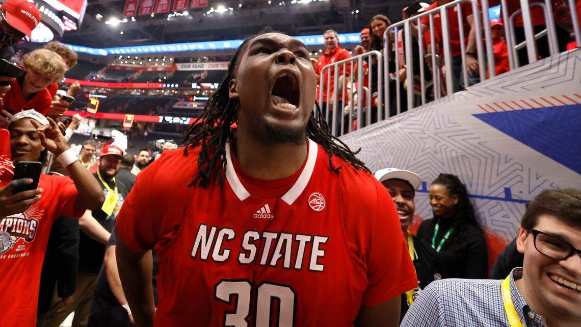 N.C. State’s DJ Burns Jr. (30) celebrates as he leaves the floor after N.C. State’s 84-76 victory over UNC in the championship game of the 2024 ACC Men’s Basketball Tournament at Capital One Arena in Washington, D.C., Saturday, March 16, 2024.