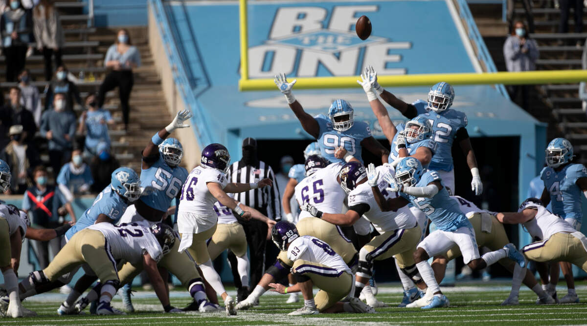 Western Carolina’s Paxton Robertson (46) boots a 40-yard field goal in the first quarter against North Carolina on Saturday, December 5, 2020 at Kenan Stadium in Chapel Hill, N.C.