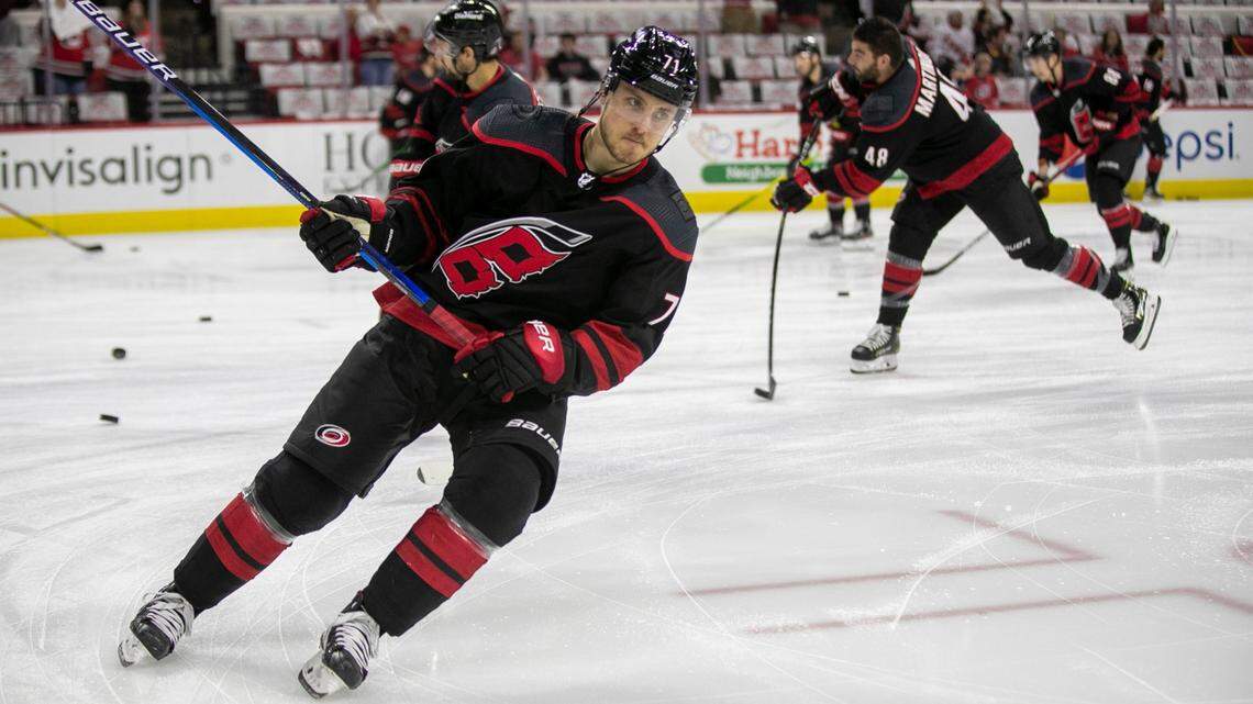 Carolina Hurricanes Jesper Fast (71) skates during pre-game warm-up prior to game five of their Stanley Cup series against Tampa Bay on Tuesday, June 8, 2021 at PNC Arena in Raleigh, N.C.