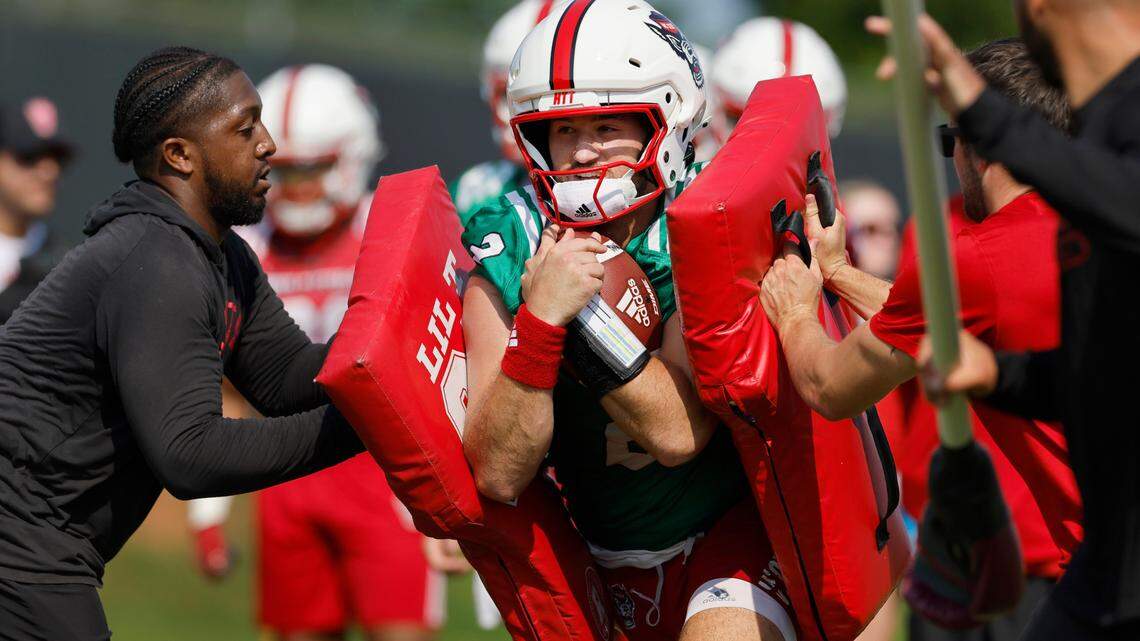 N.C. State quarterback Grayson McCall (2) runs drills during the Wolfpack’s first practice in Raleigh, N.C., Wednesday, July 31, 2024.
