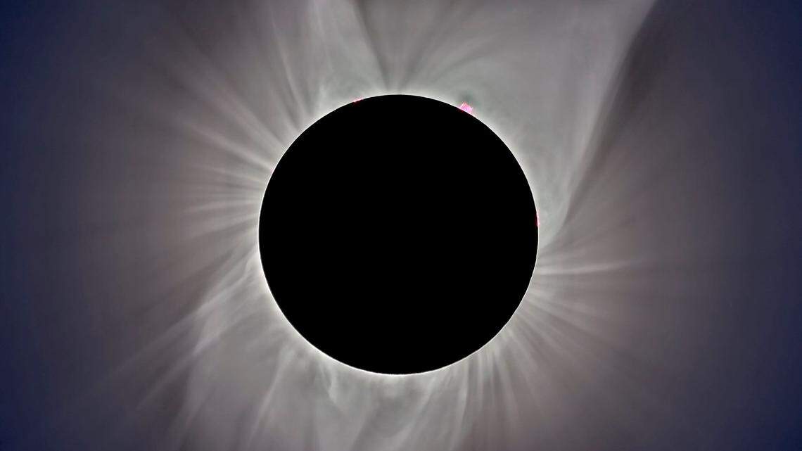 Delicate streamers in the sun’s corona surround the totally eclipsed sun during the Aug. 21, 2017, total solar eclipse.