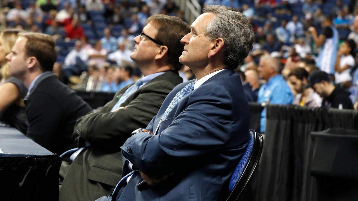 UNC athletic director Bubba Cunningham watches during the North Carolina Tar Heels’ game against the Syracuse Orange in the second round of the ACC Tournament at the Greensboro Coliseum Wednesday, March 11, 2020.