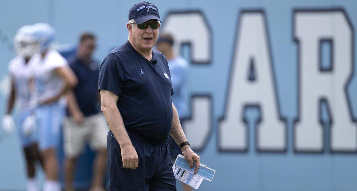 North Carolina coach Mack Brown watches his team during their first practice of the season on Friday, August 2, 2019 at the Football Practice Complex in Chapel Hill, N.C.