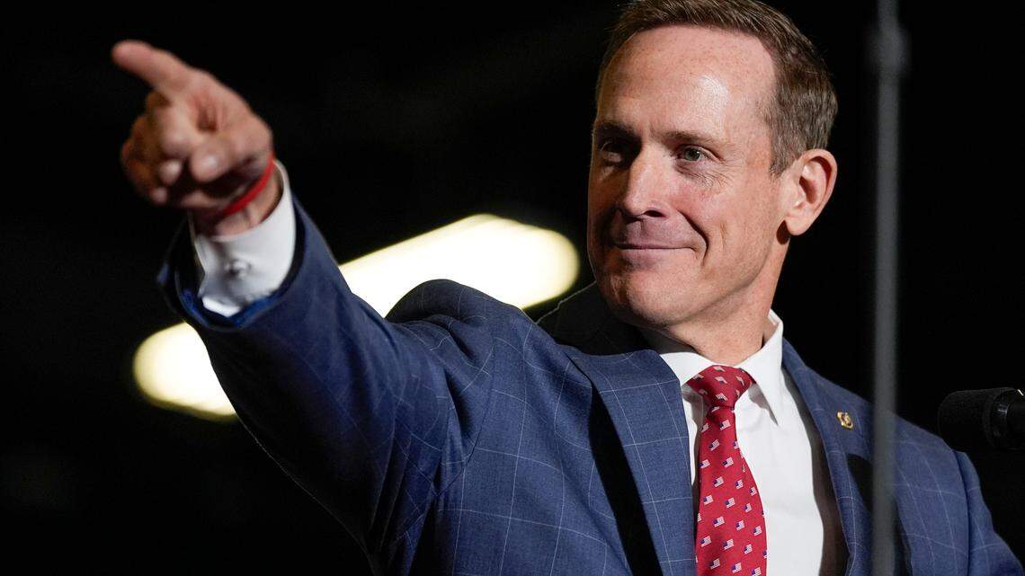 Sen. Ted Budd, R-N.C., speaks before Republican presidential candidate former President Donald Trump at a campaign rally Saturday, March 2, 2024, in Greensboro, N.C.