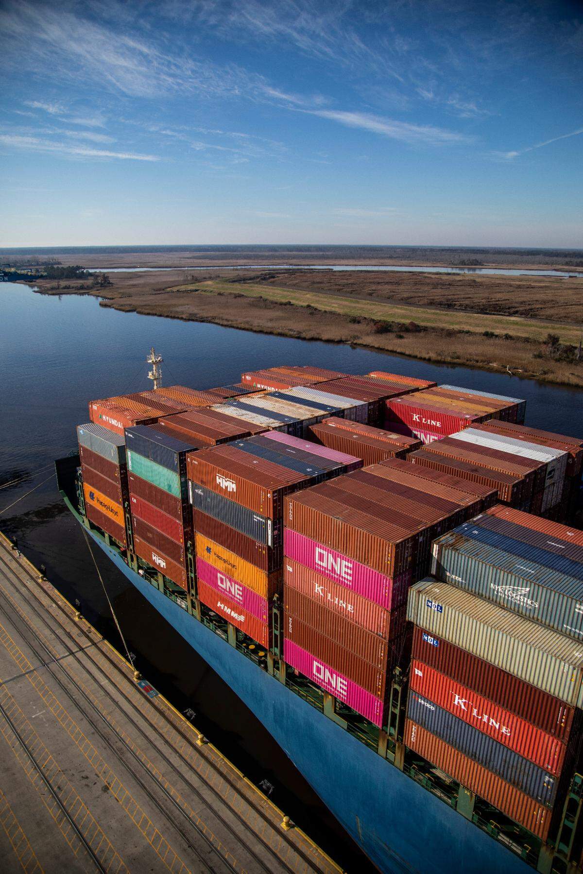 The container ship Hyundai Speed&nbsp;is berthed Wednesday, December 1, 2021 at the Port of Wilmington. The port expects to handle shipments bound for the VinFast plant to be built in Chatham County.