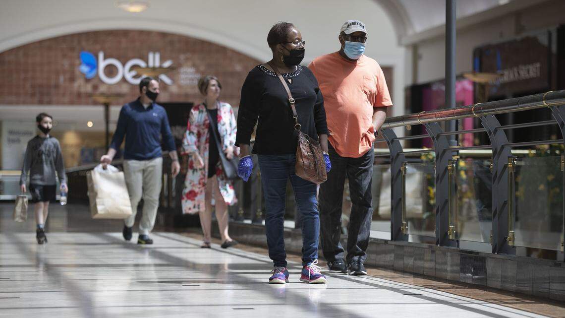 Foot traffic at Crabtree Valley Mall was light on Monday afternoon May, 11, 2020 after coronavirus restrictions were eased by North Carolina Governor Roy Cooper late last week.
