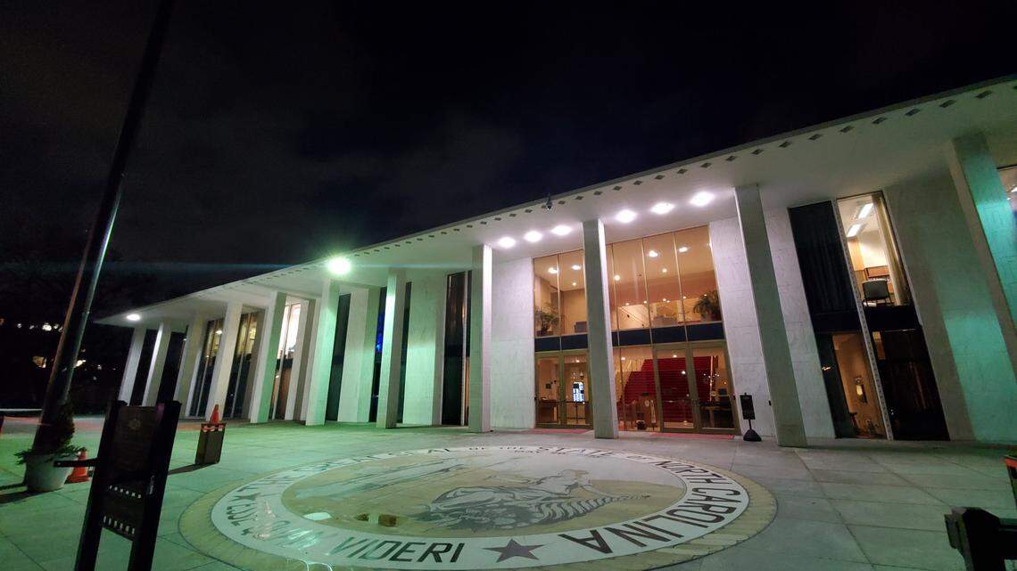 The North Carolina Legislative Building in downtown Raleigh, seen at night in January 2021.