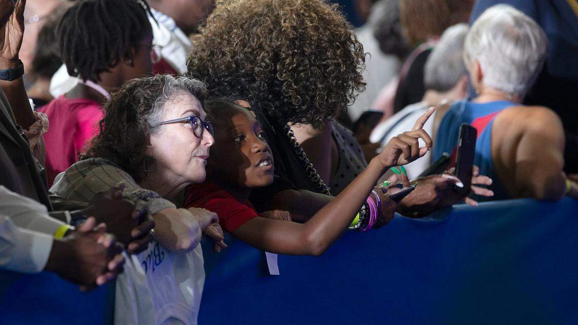 Guests await the arrival of Vice President Kamala Harris prior to a campaign event at James B. Dudley High School on Thursday, July 11, 2024, in Greensboro, N.C.