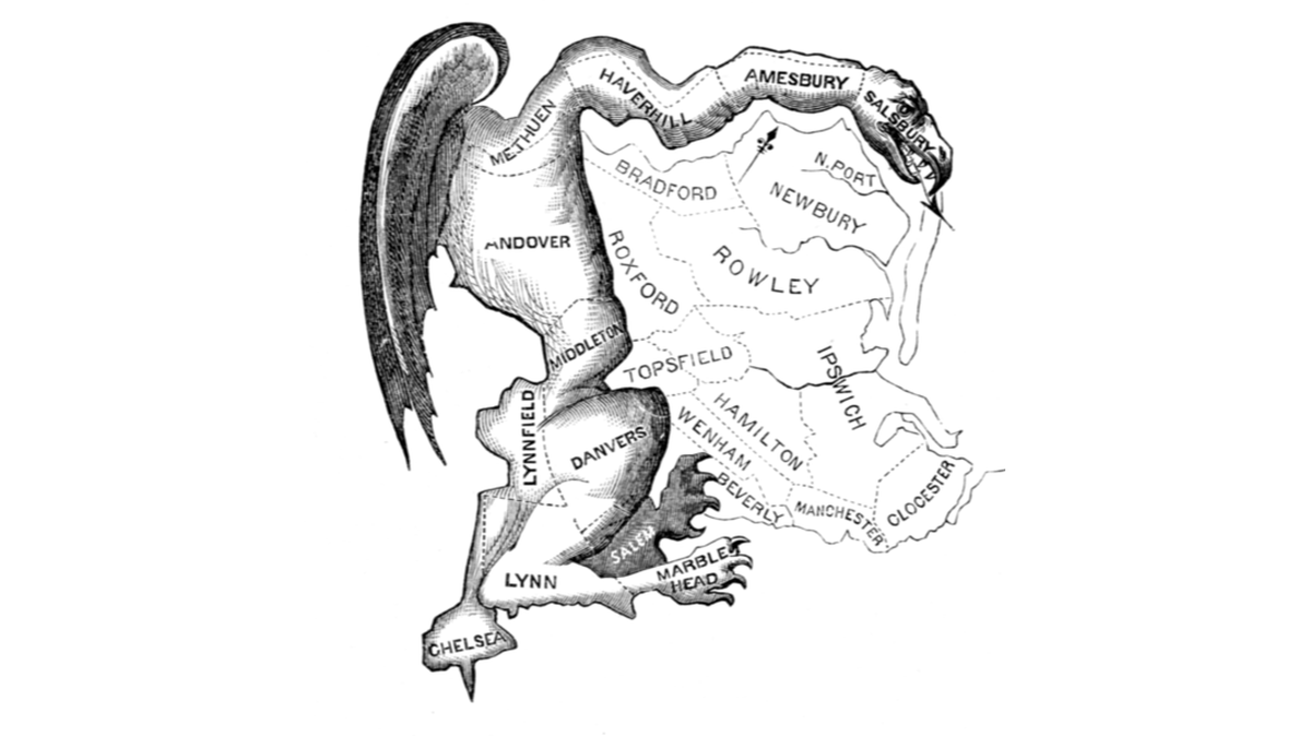 This 1812 political cartoon appeared in the Boston Gazette. It dramatizes the shape of a Massachusetts Senate district that was drawn to help elect candidates supportive of Gov. Elbridge Gerry, whose name gave rise to the term gerrymander.