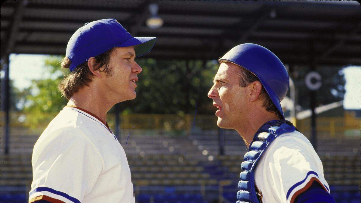 Tim Robbins (pitcher “Nuke” LaLoosh), left, and Kevin Costner (catcher Crash Davis) starred in the movie “Bull Durham.”