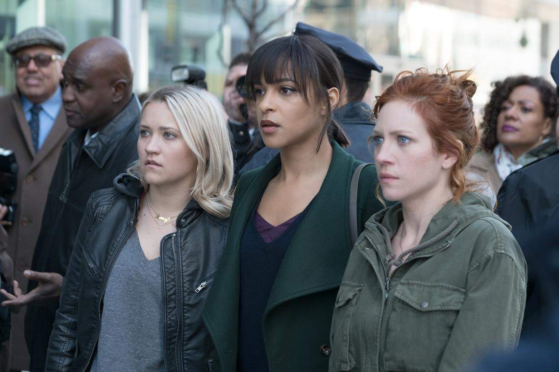 From the Fox drama “Almost Family,” (L-R): Emily Osment, Megalyn Echikunwoke and Brittany Snow.